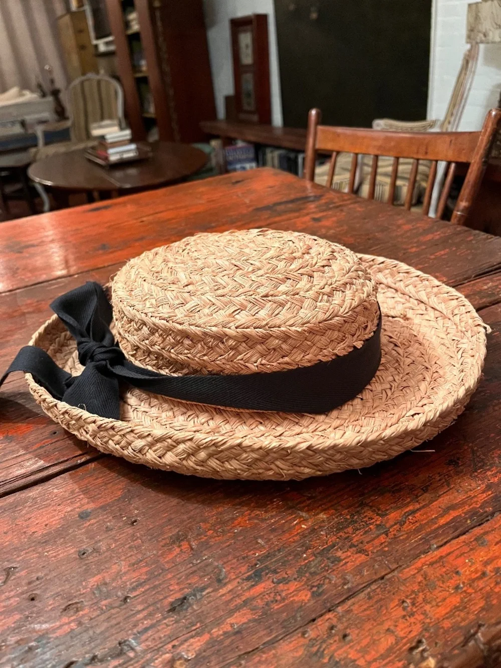 Classic Helen Kaminski Raffia Hat with black ribbon